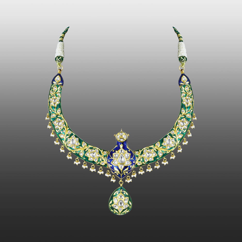Peacock Motif Hasli Necklace with Polki and Enamel Detailing